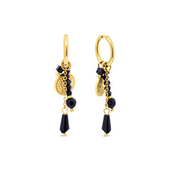 Black Bead and Coin Charm Hoop Earrings