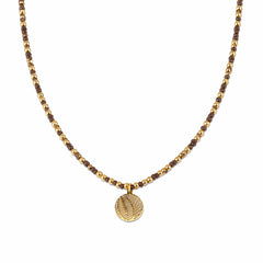 Brown Miyuki and Pattern Coin Pendant Necklace