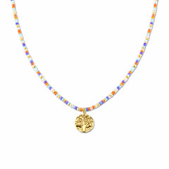 Multicolor Miyuki and Hammered Disc Pendant Necklace
