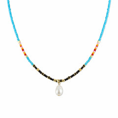 Turquoise Miyuki and Pearl Pendant Necklace