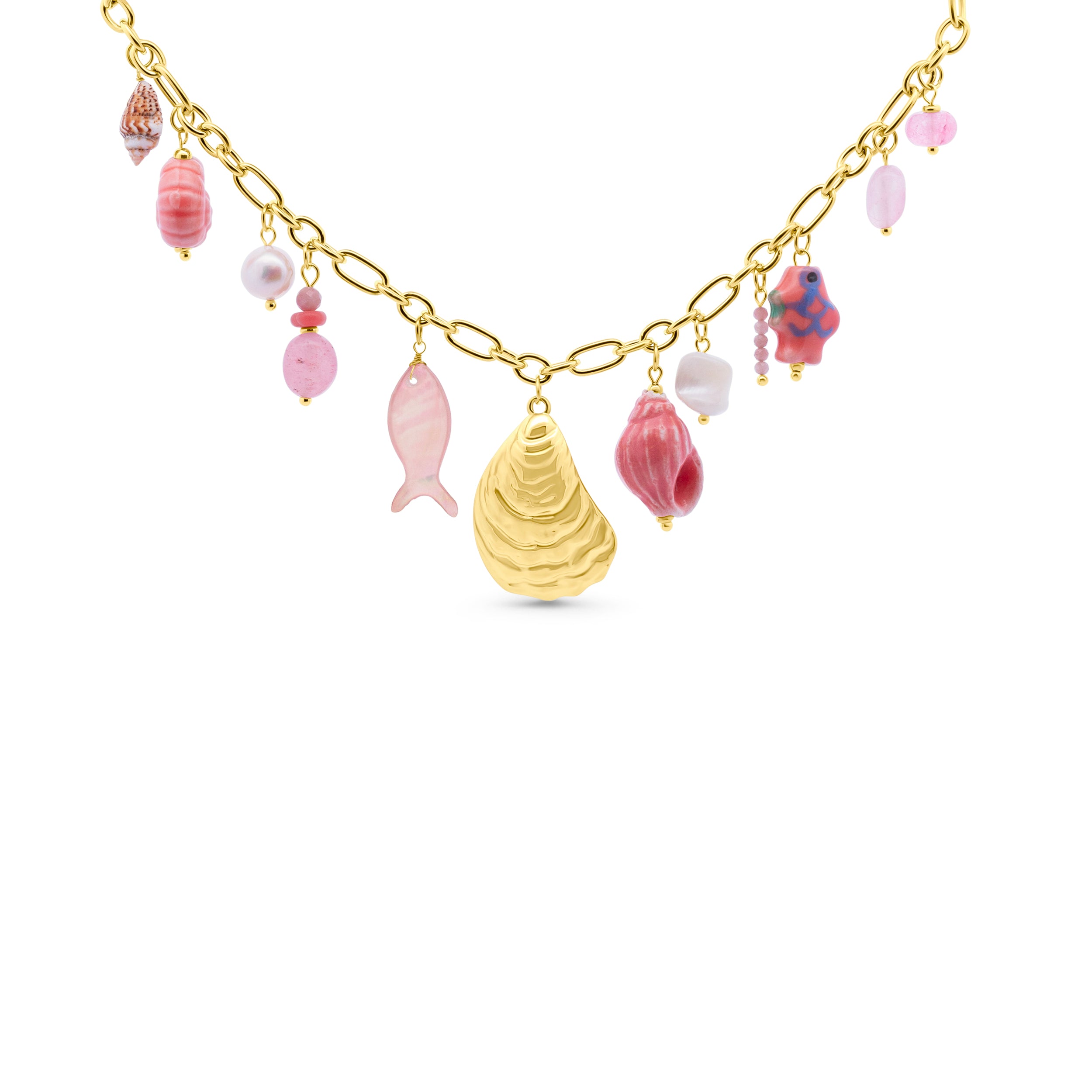 Lichtblauwe ketting met bedeltjes in zeethema en schelp