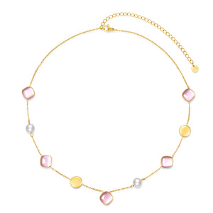 Halsketting met kattenoog en schelpkralen roze