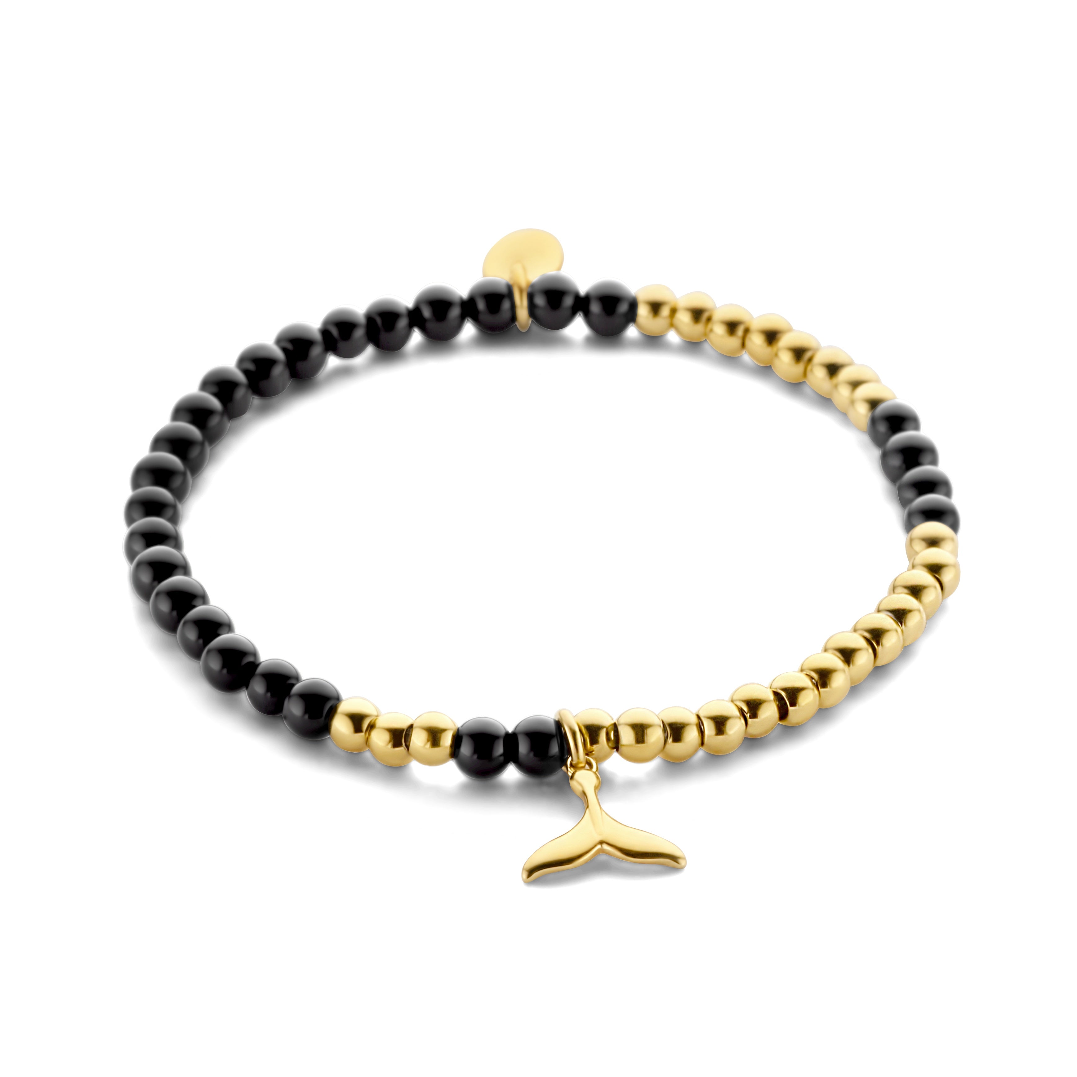 Kralenarmband met zwarte agaat kralen en walvis bedel