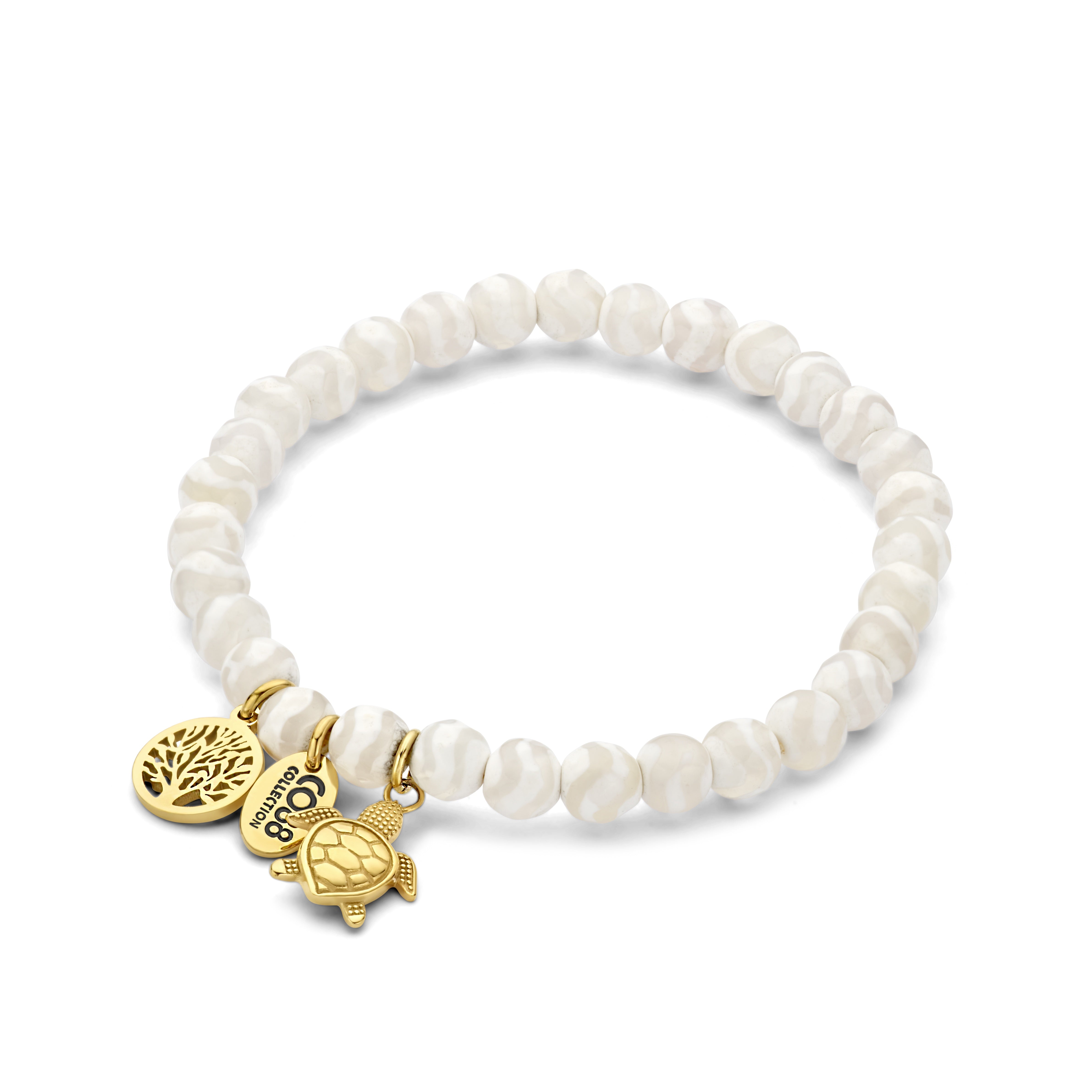 Kralenarmband witgestreepte agaat met bedels levensboom en schildpad
