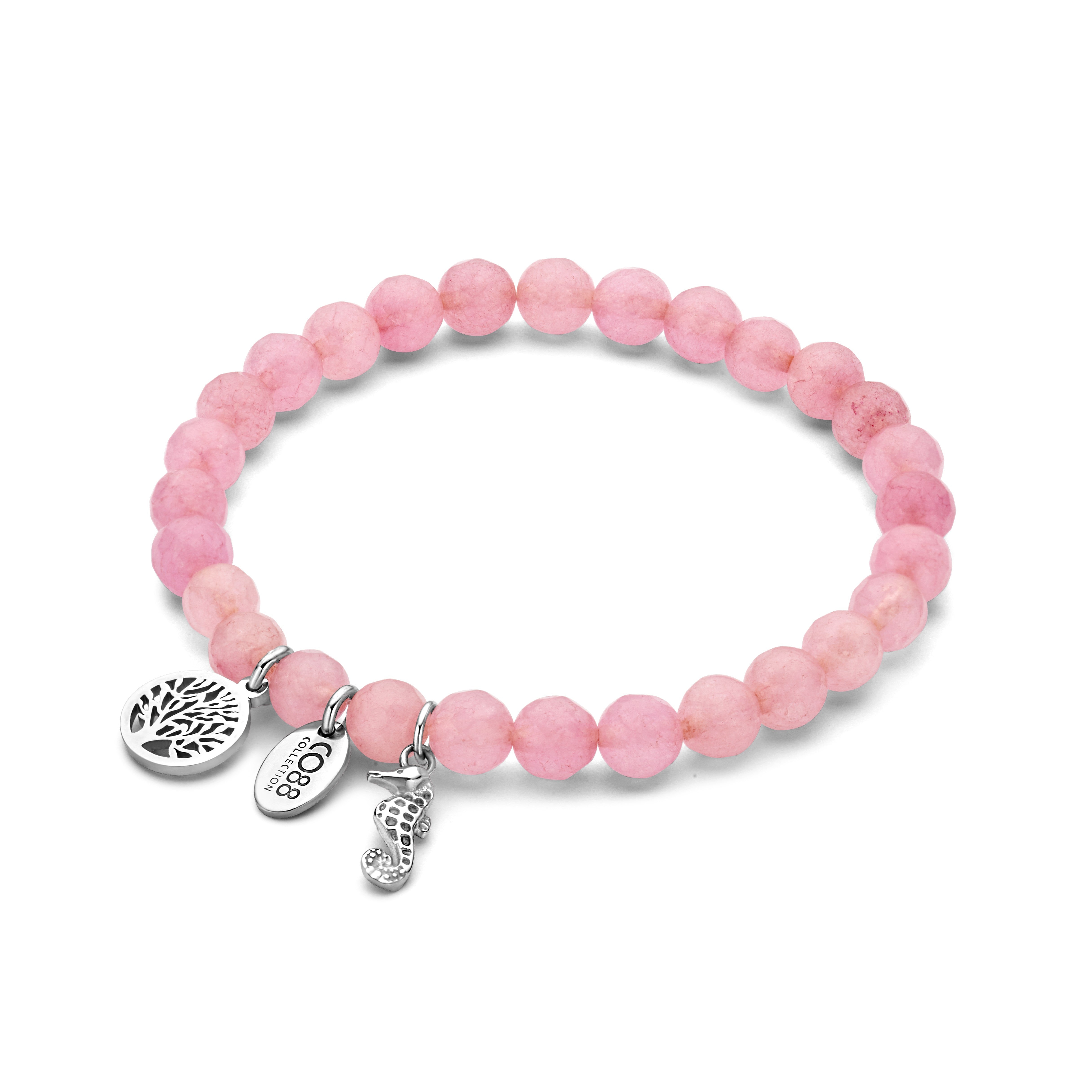 Kralenarmband roze jade met bedels levensboom en zeepaardje
