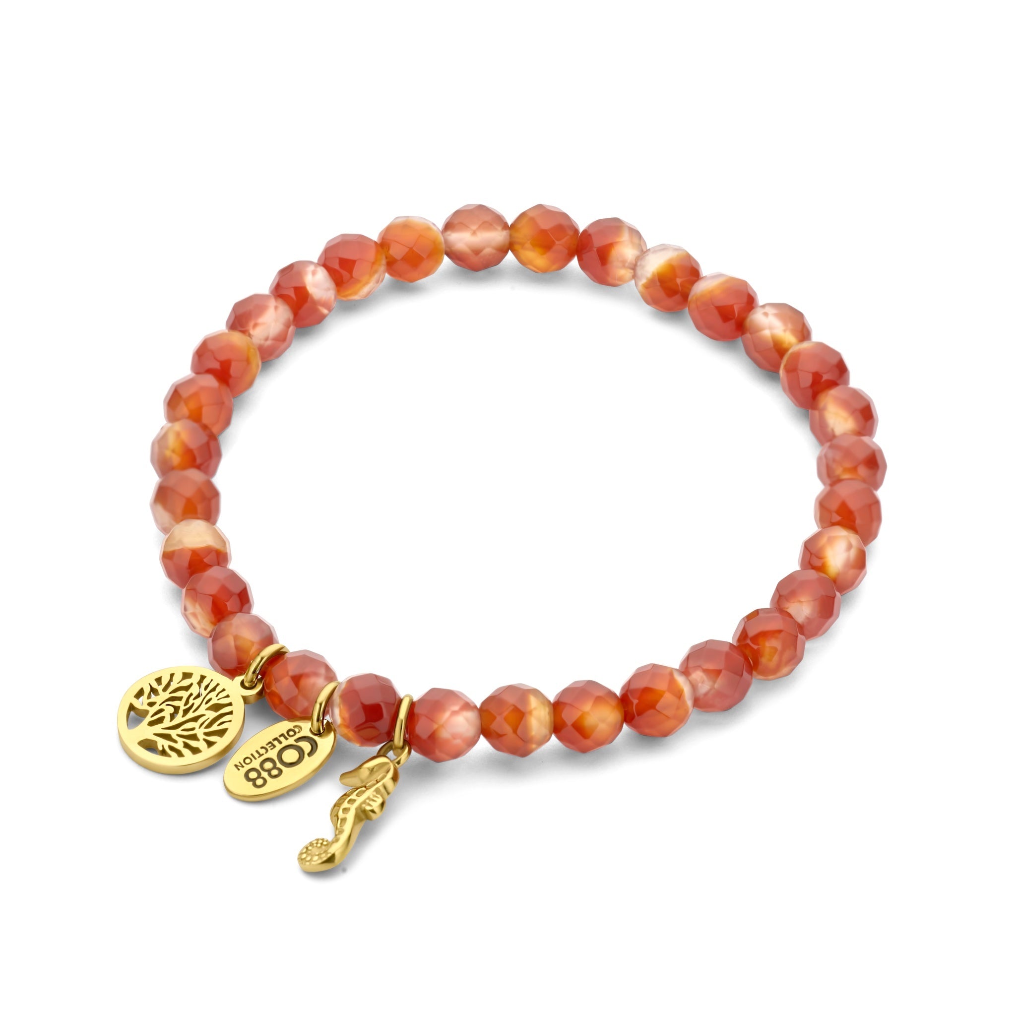 Kralenarmband roze jade met bedels levensboom en zeepaardje