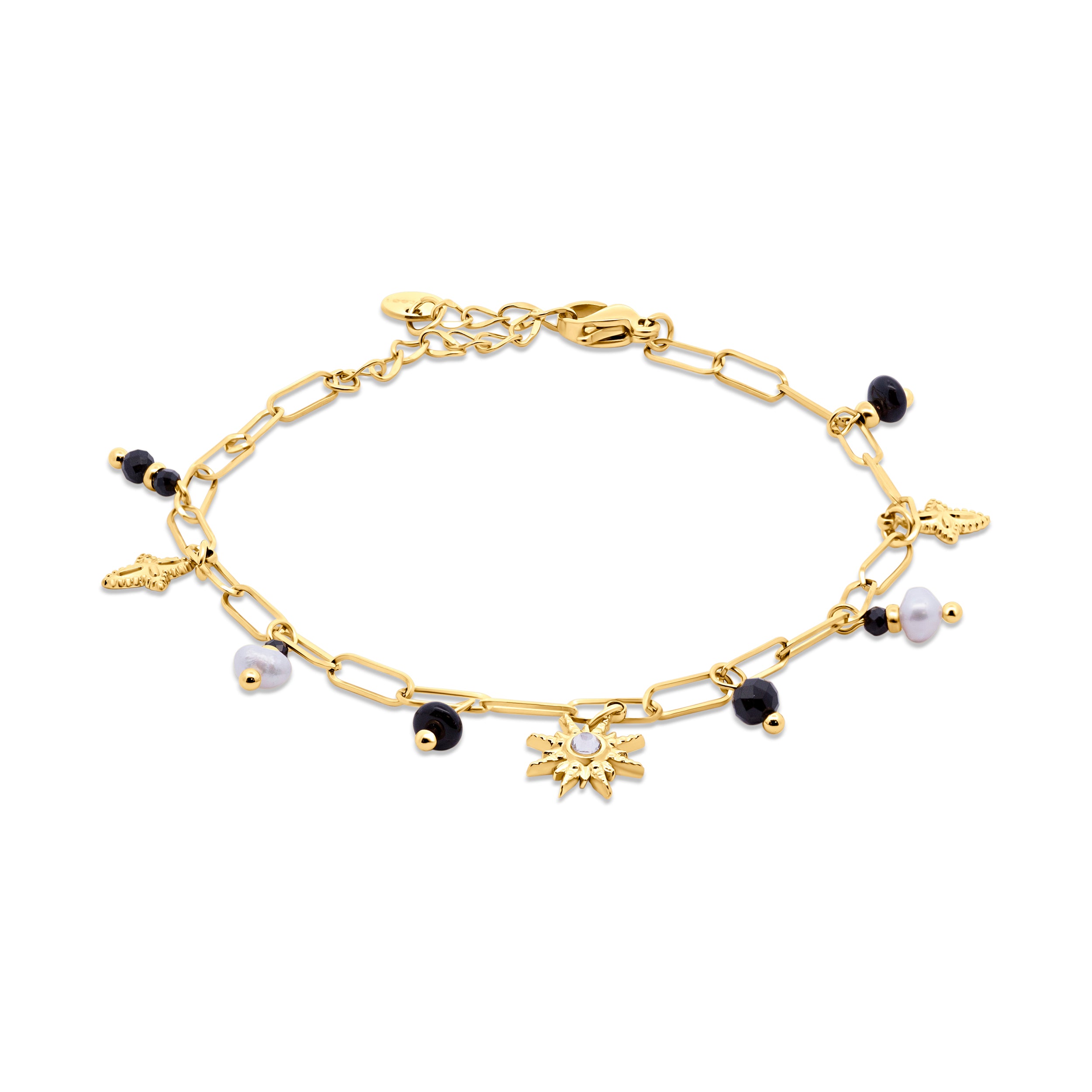 Black Bead, Pearl and Sun Charm Bracelet