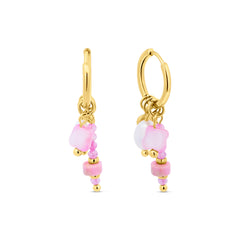 Pink Bead and Round Pearl Charm Hoop Earrings