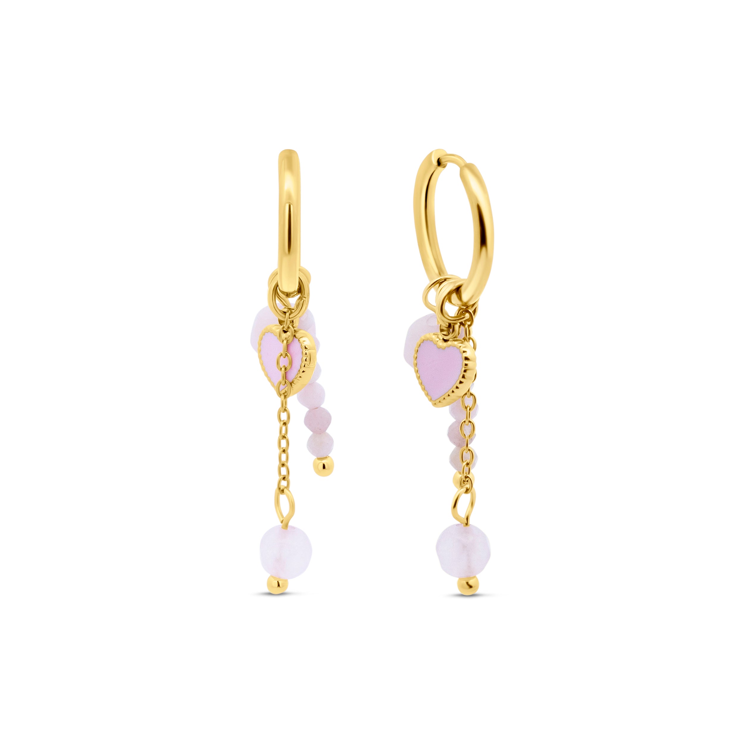 Pink Bead and Pink Heart Charm Hoop Earrings