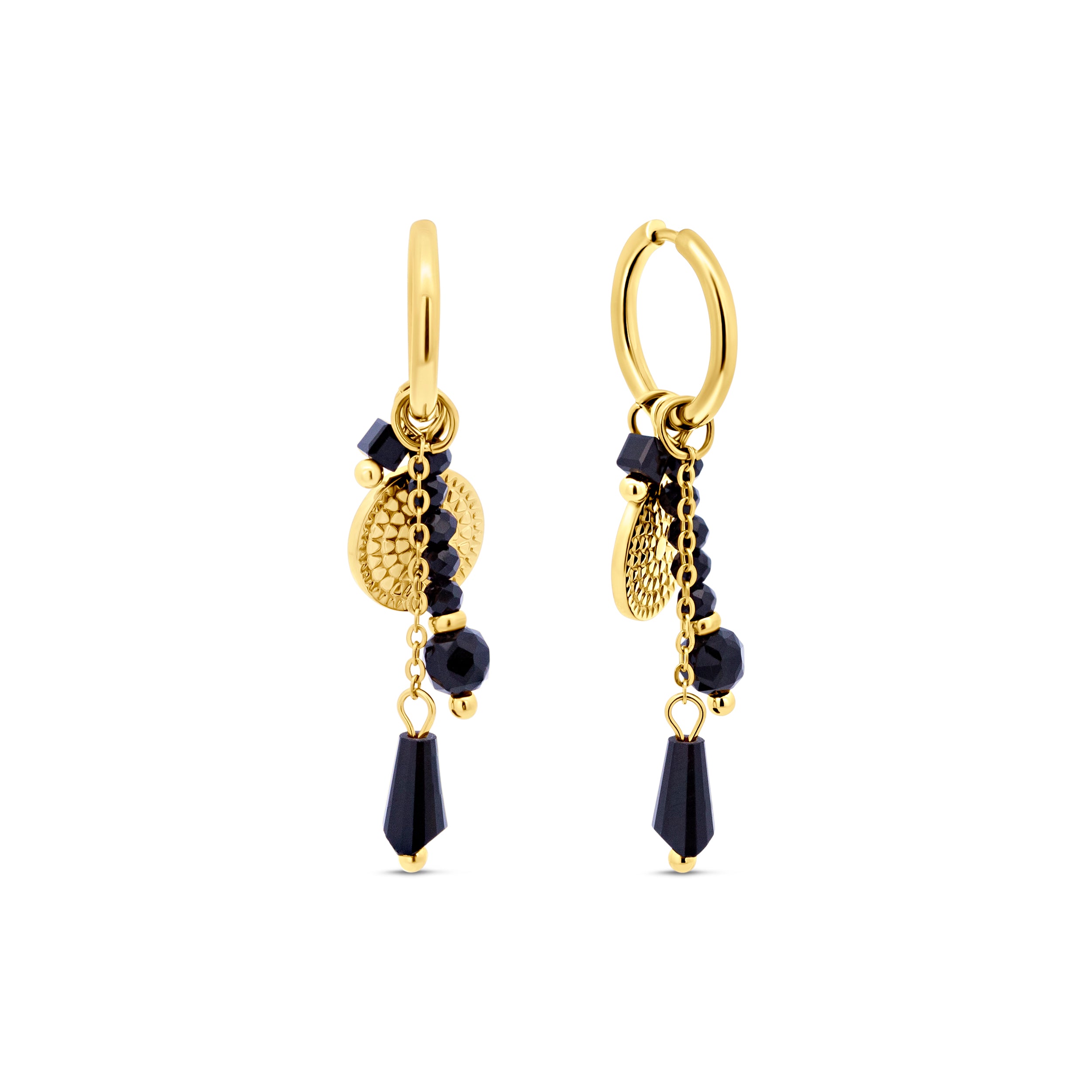 Black Bead and Coin Charm Hoop Earrings