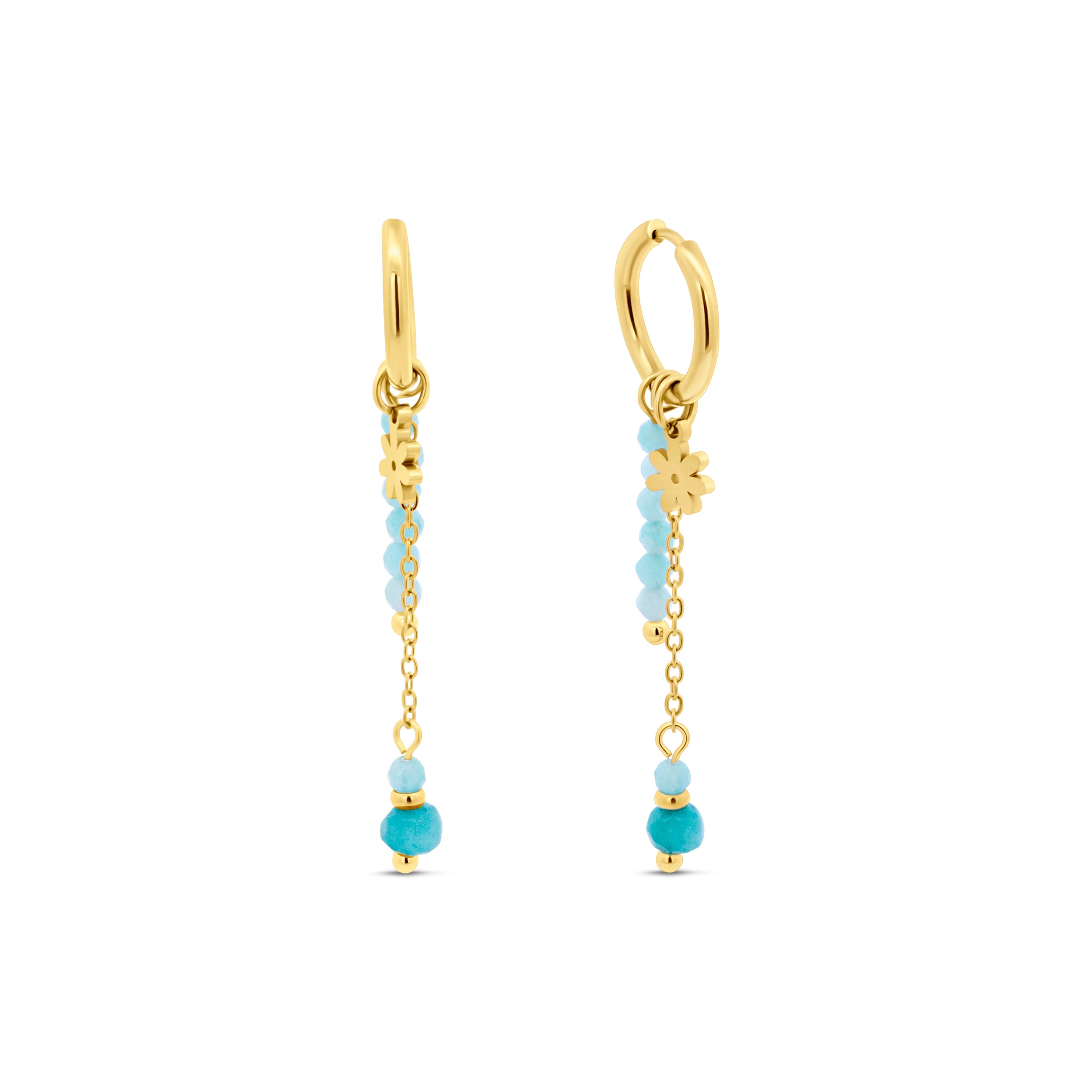 Blue Bead and Daisy Charm Hoop Earrings