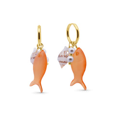 Orange Fish and Trumpet Shell Hoop Earrings