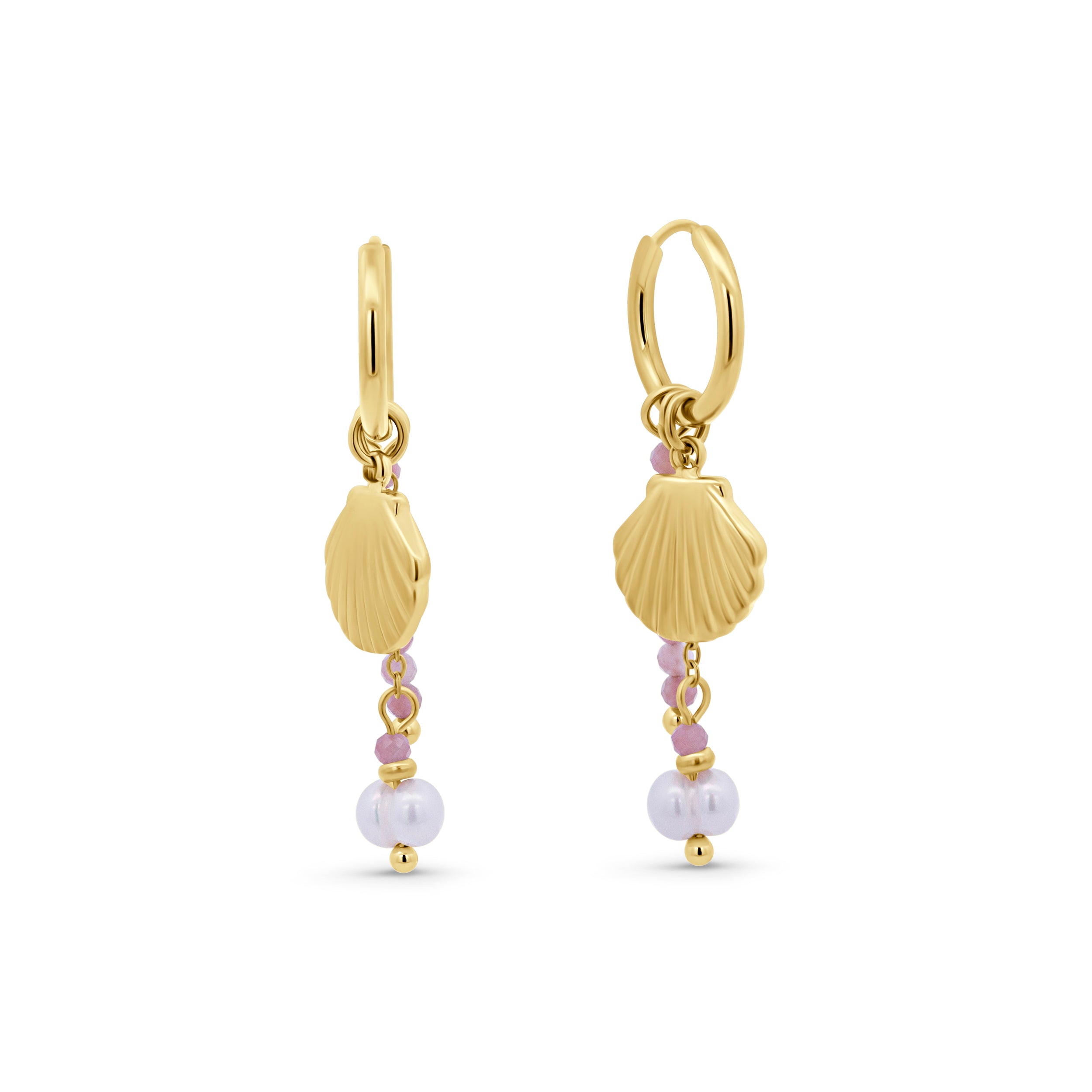 Pink Bead and Scallop Shell Hoop Earrings