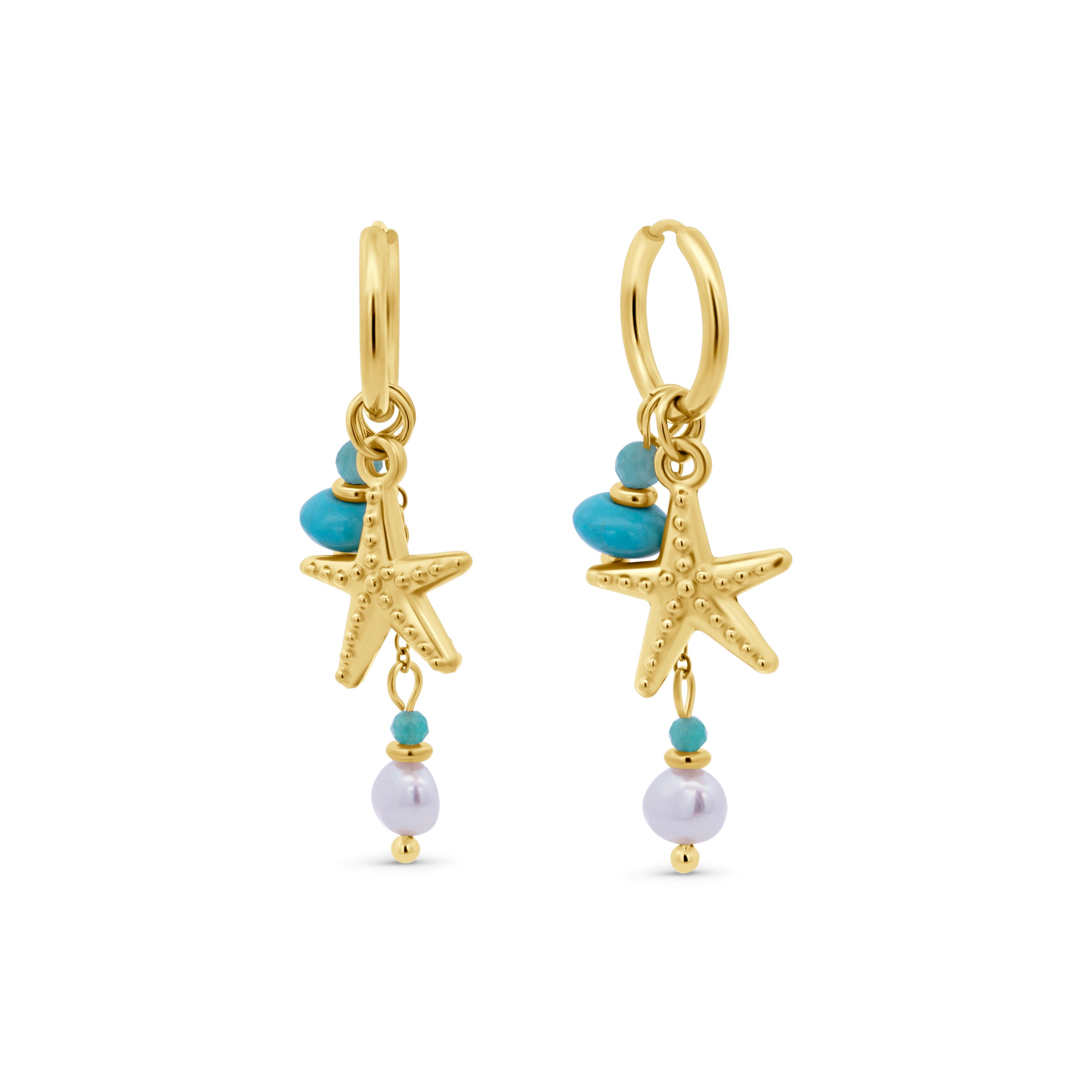 Blue Bead and Starfish Charm Hoop Earrings