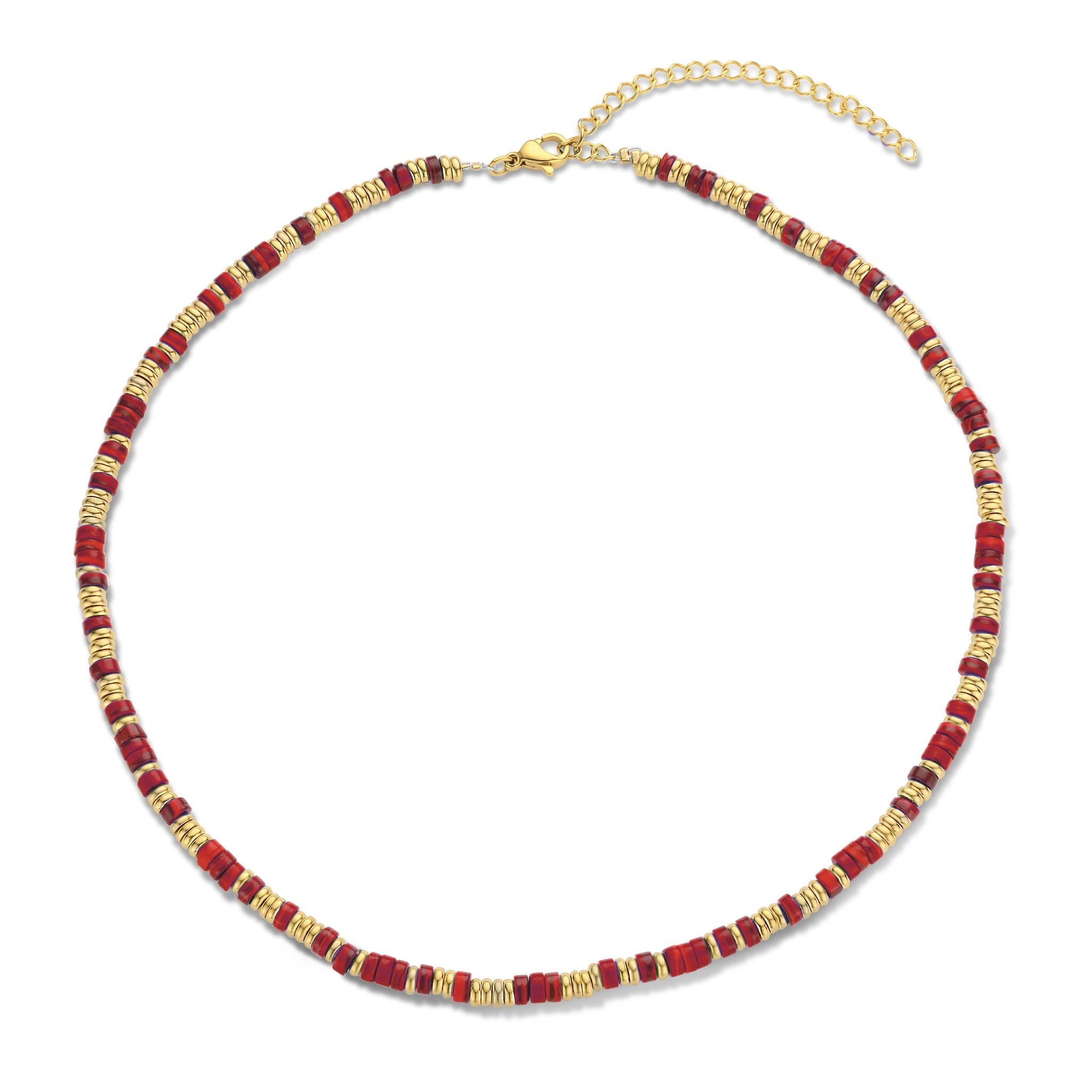 Ketting met rode steen en goudkleurige kralen