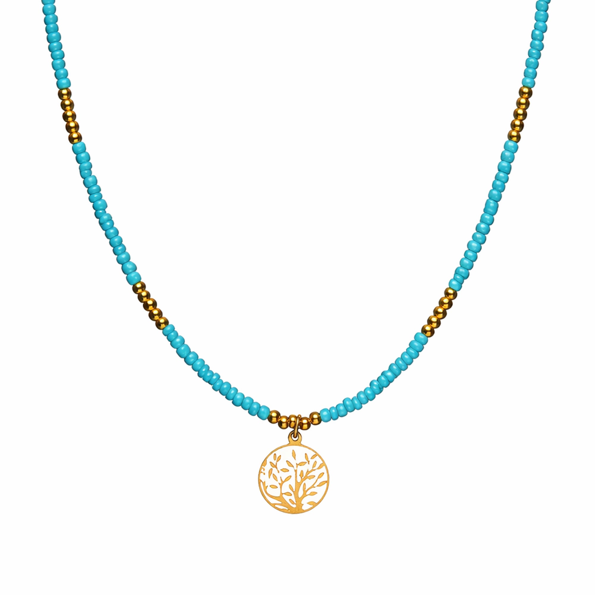 Ketting met turquoise kralen en levensboom bedel