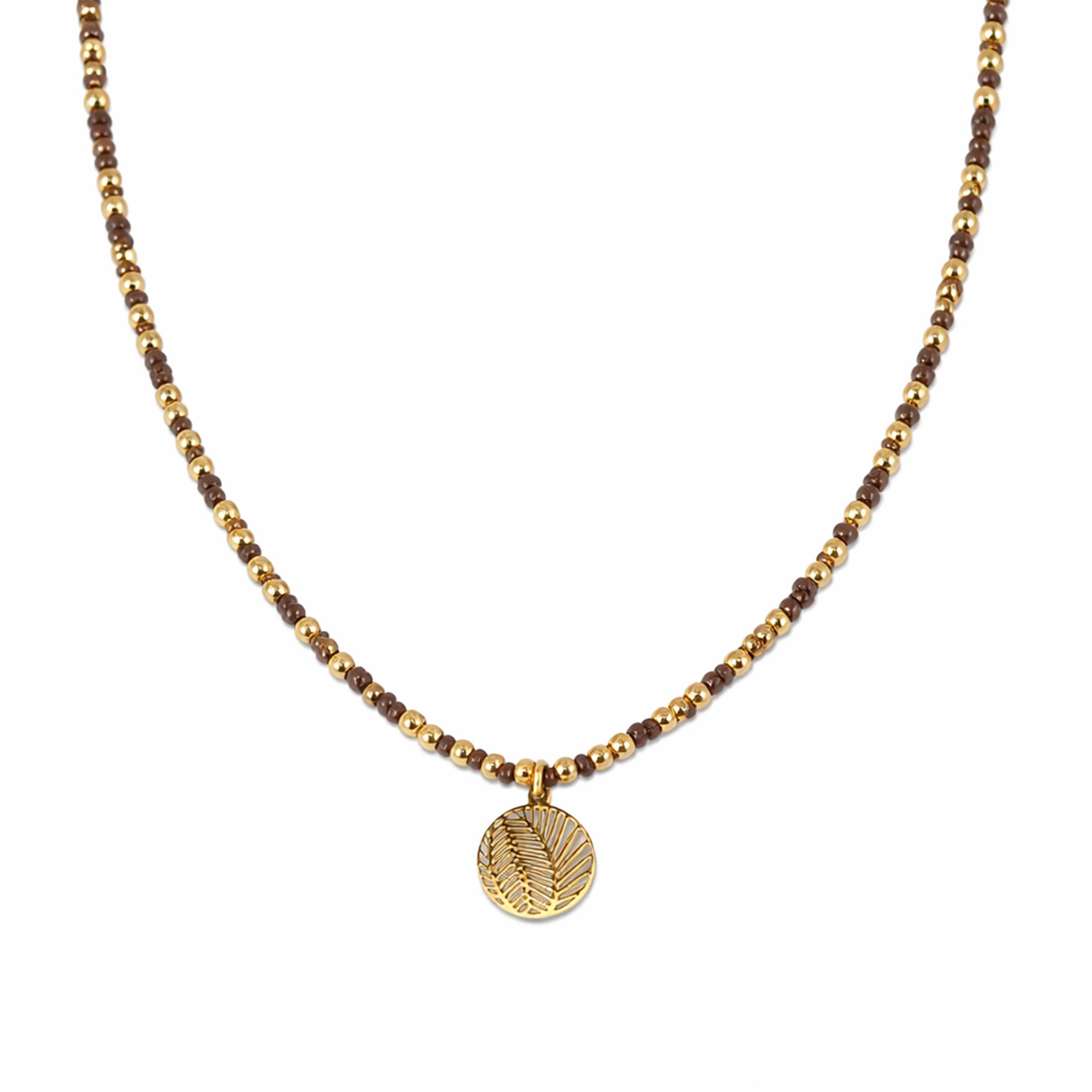 Brown Miyuki and Pattern Coin Pendant Necklace