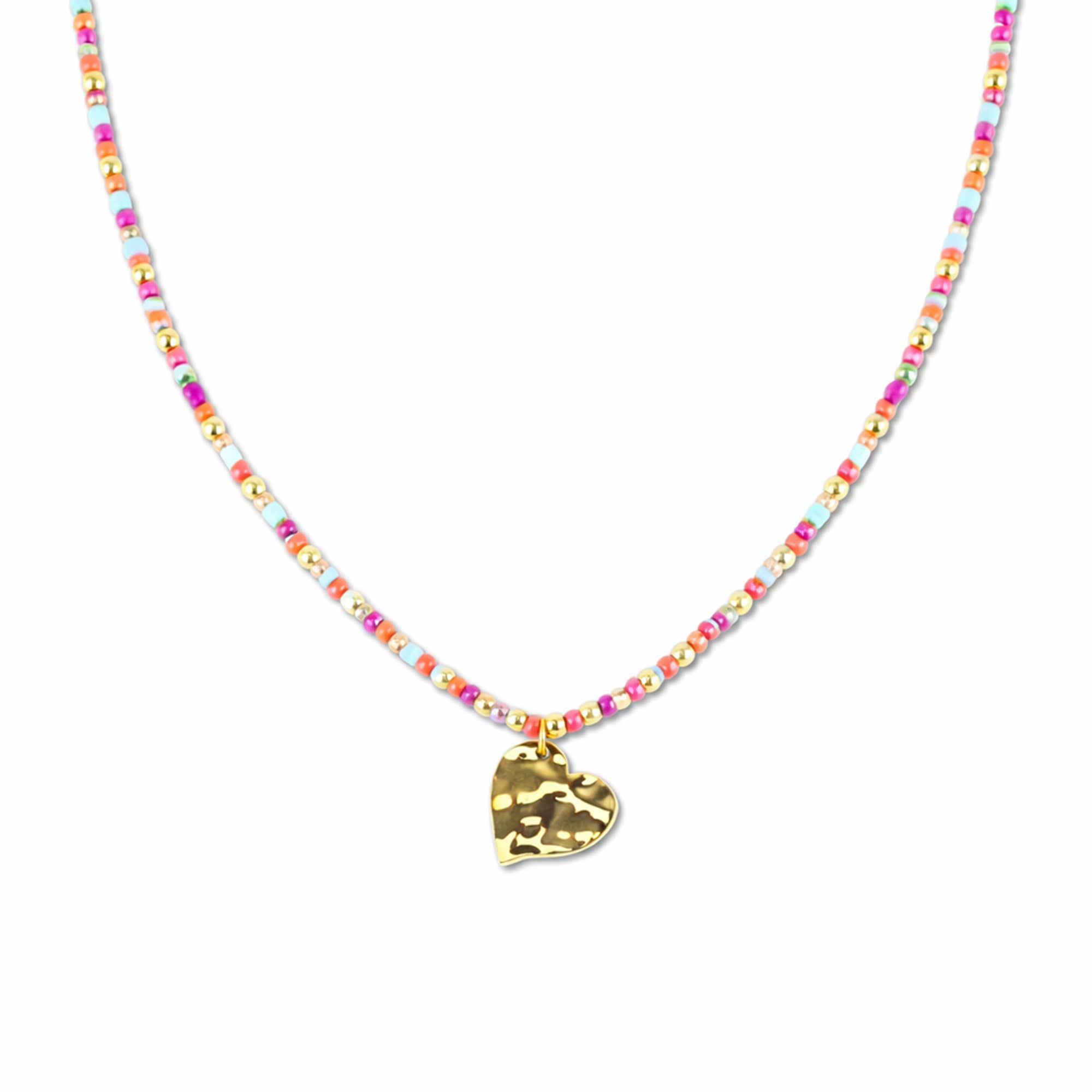 Multicolor Miyuki and Hammered Heart Pendant Necklace