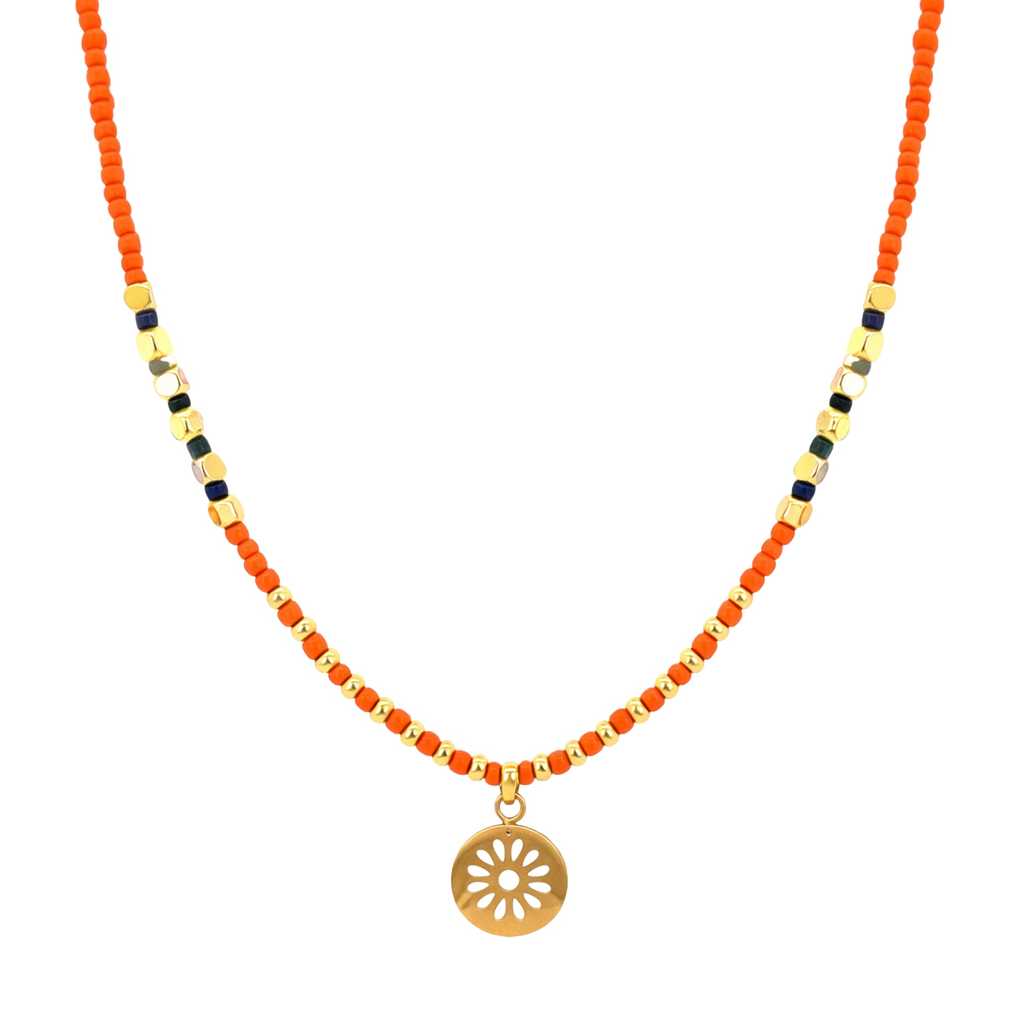 Orange Miyuki and Tree of Life Pendant Necklace
