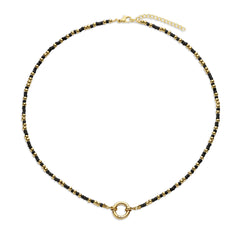 Black and Gold Bead and Ring Clasp Necklace