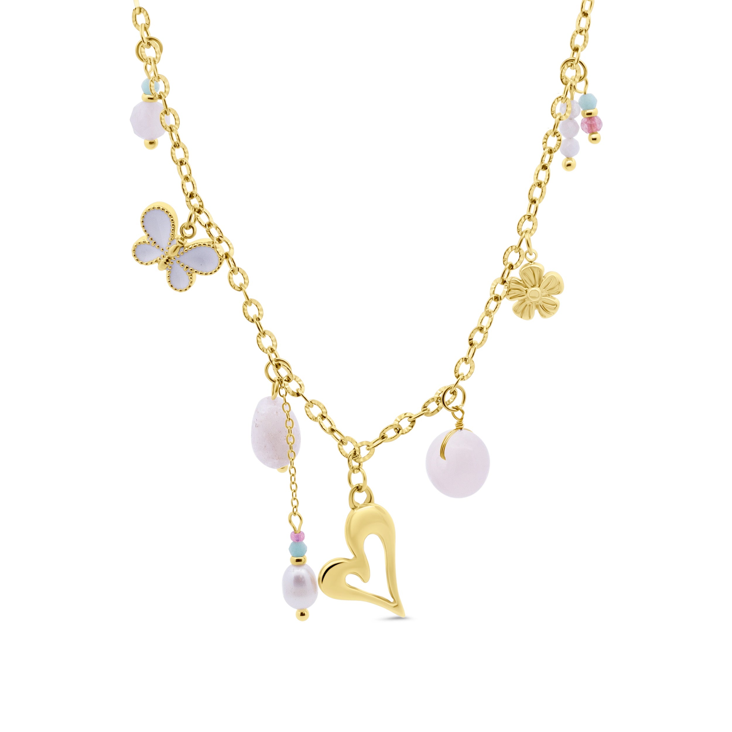 Ketting met parels, roze kralen en bedeltjes