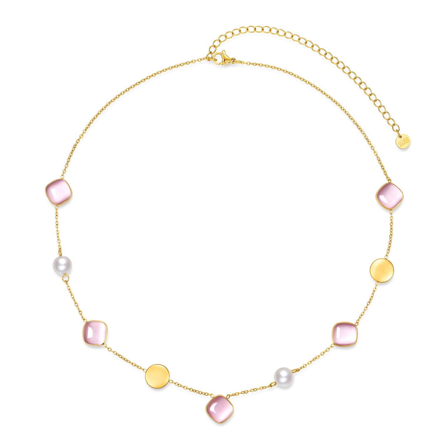 Halsketting met kattenoog en schelpkralen roze