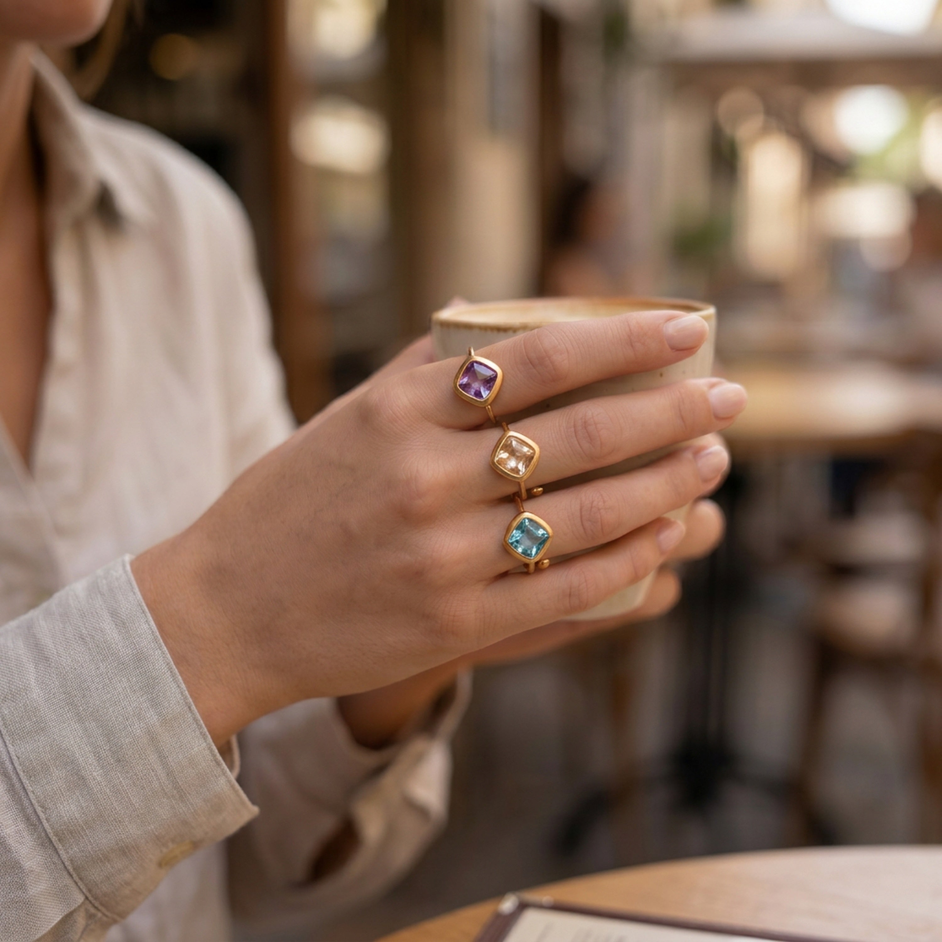 Rounded Square Glass Stone Open Ring