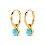 Gold plated hoop earrings with round blue stone pendant