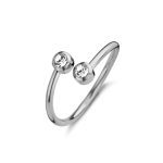 Rhodium plated open ring with two zirconia stones on a white background
