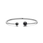 Rhodium plated open bangle with two black round stones