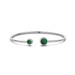 Rhodium plated open bangle with two green round stones
