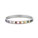 Rhodium plated stainless steel bangle with multicolored round zirconia stones on a white background