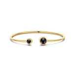 Gold plated open bangle with two black round zirconia stones