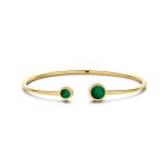 Gold plated open bangle with two green round stones